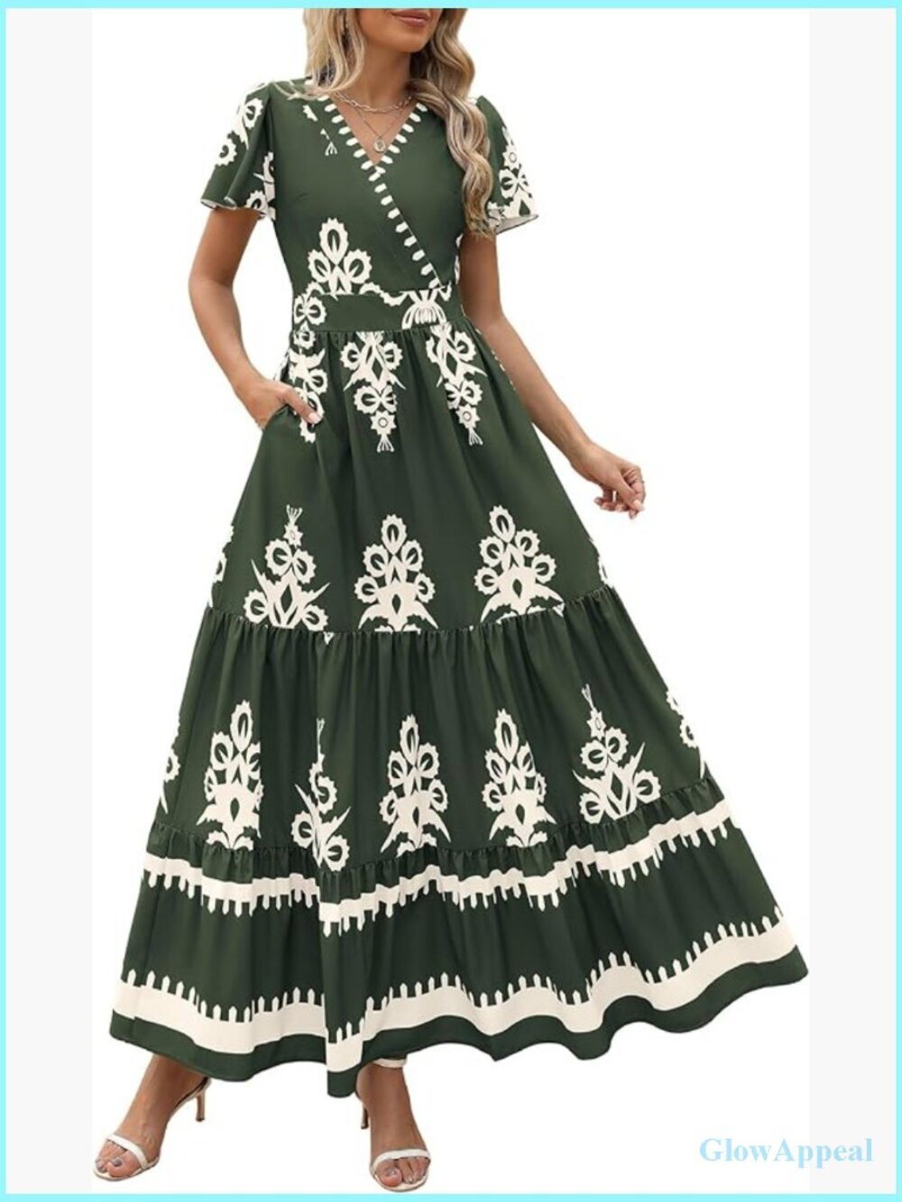 Flowy Boho Maxi Dress with Pockets Bell Sleeve V-Neck Tiered A-Line